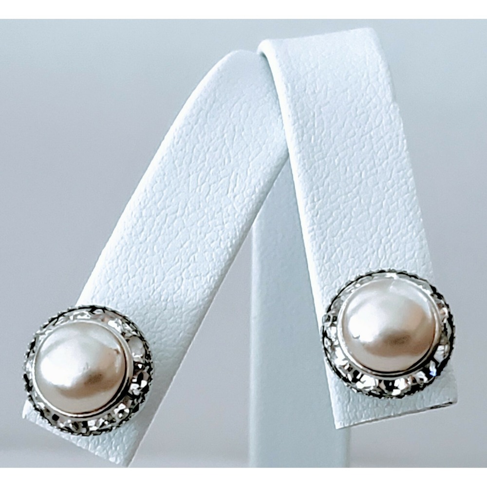 Vintage Silver Tone Beautiful Faux Pearl Cubic Zirconia Post Pierced Earrings